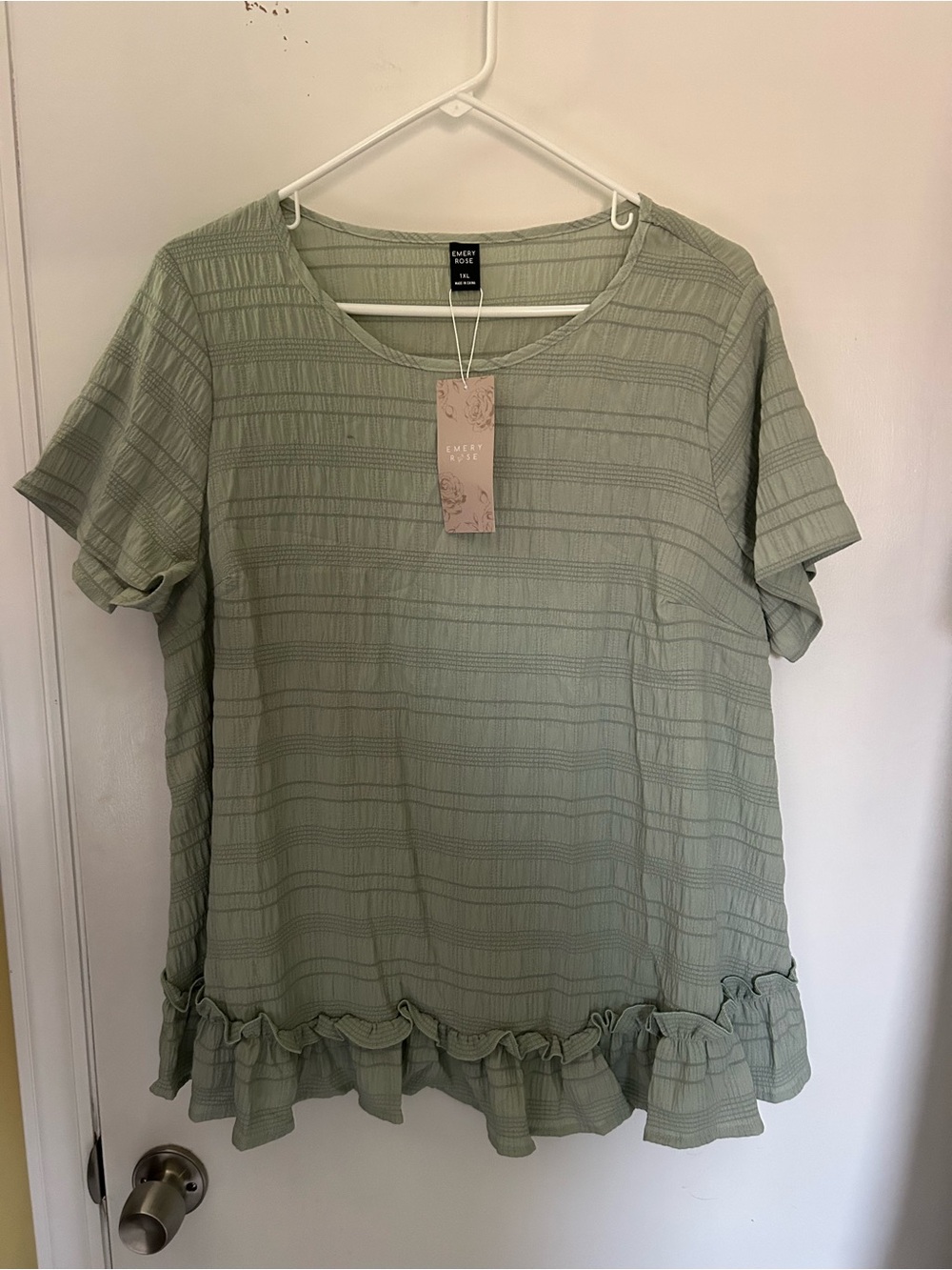 Textured Sage Green Short Sleeve Ruffle-Hem Blouse